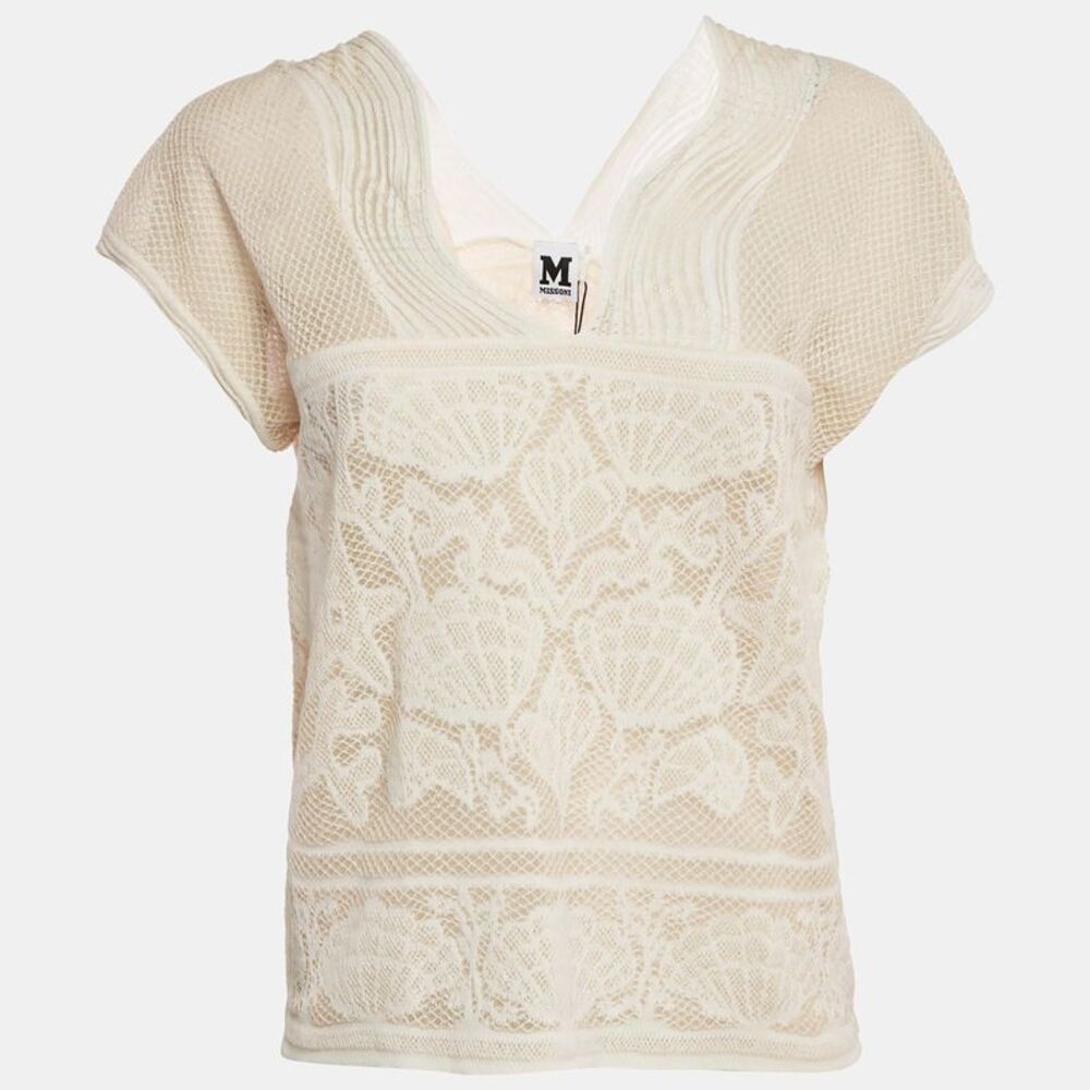 M Missoni White Seashell Pattern Lurex Knit V-Neck Top L